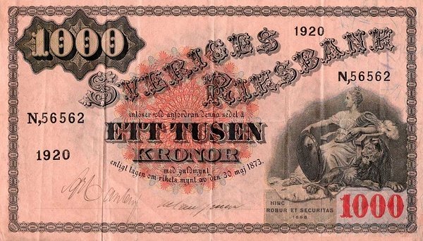 Svensk 1000-kronorssedel från 1924 med tidstypisk ornamentik
